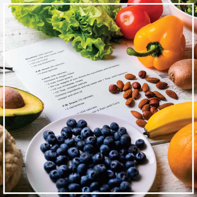 Printed out meal planner on white table top surrounded by fresh produce and nuts